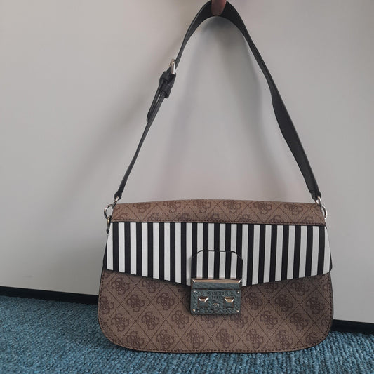 Guess Brown & Striped Shoulder Bag With Metal Fastener