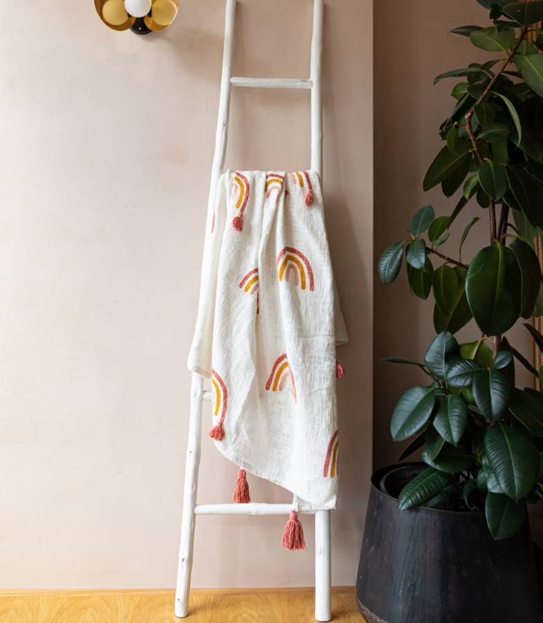 earth rainbow throw hung u on a wall mounted decorative ladder against a dusky pink wall and houseplant 