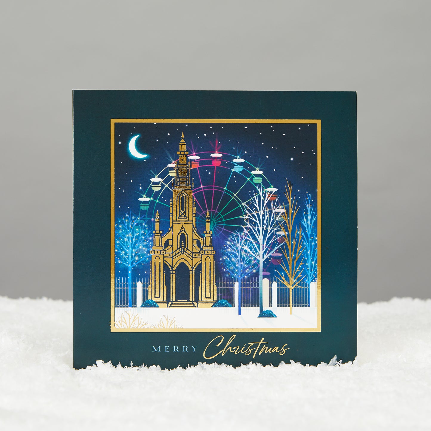 Square card in a deep green colour with Scott monument drawing