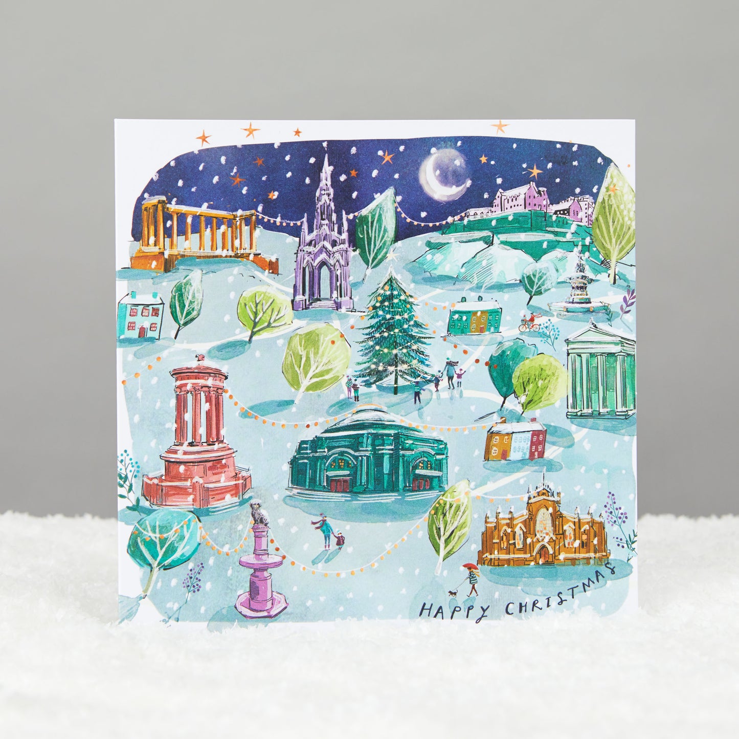 Square card with famous Edinburgh landmarks.