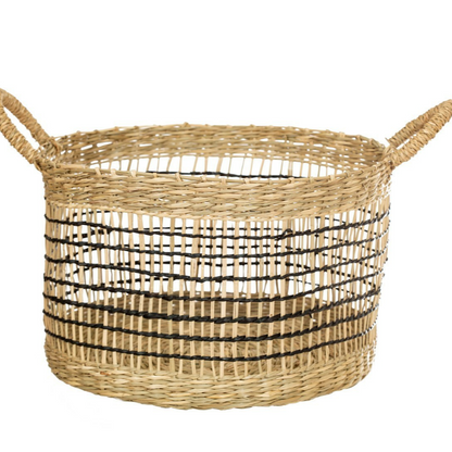 Large square seagrass basket close up taken against a white background 