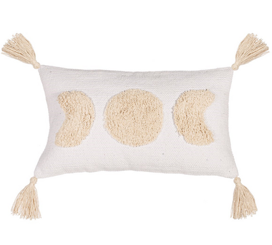 white/cream moon tufted cushion against a white background