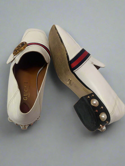 Gucci Off White Leather GG Marmont Pearl Collapsible Mid Heel Loafer Pumps 6