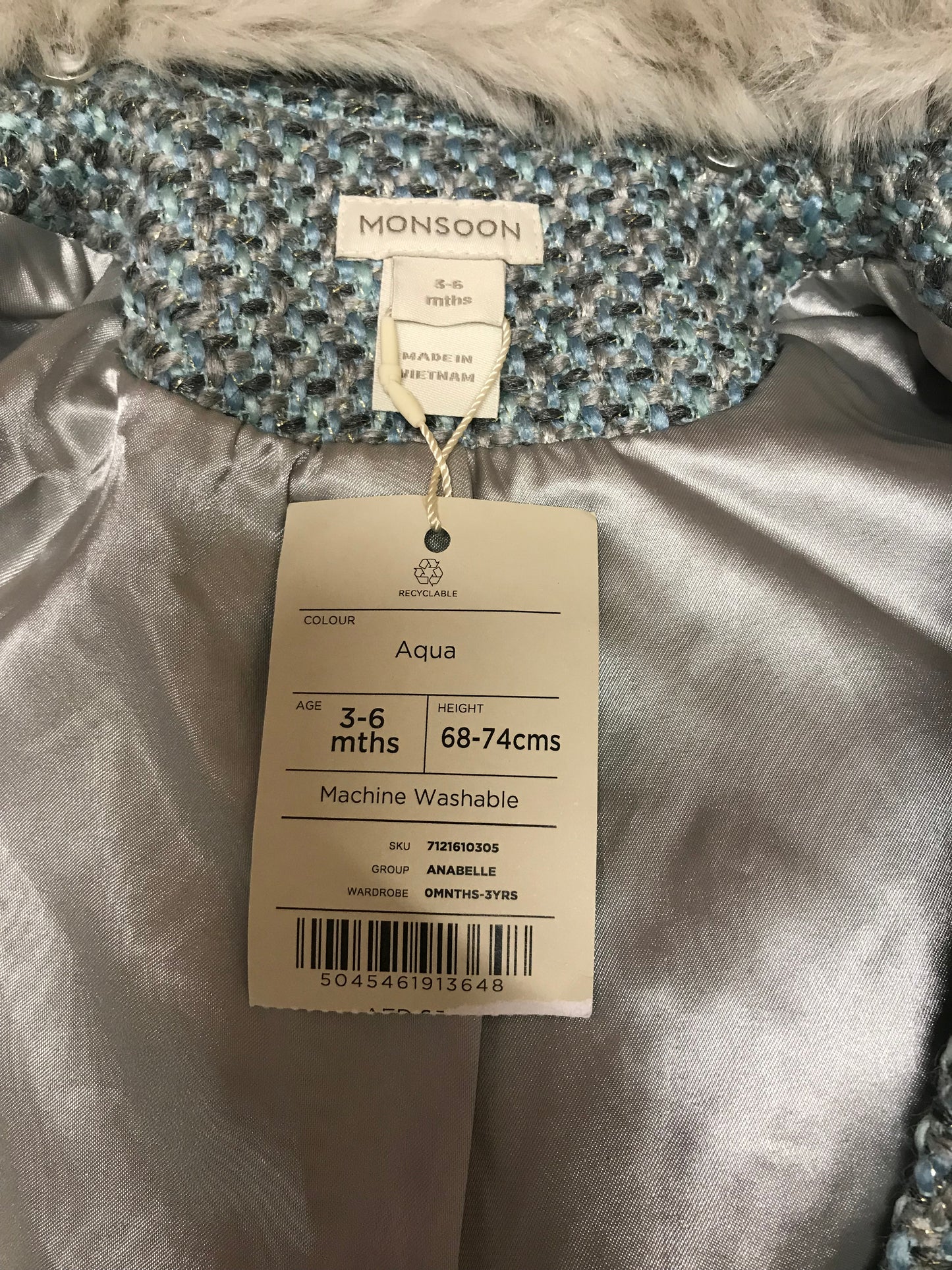 BNWT Monsoon Aqua Infant Coat 3-6Months