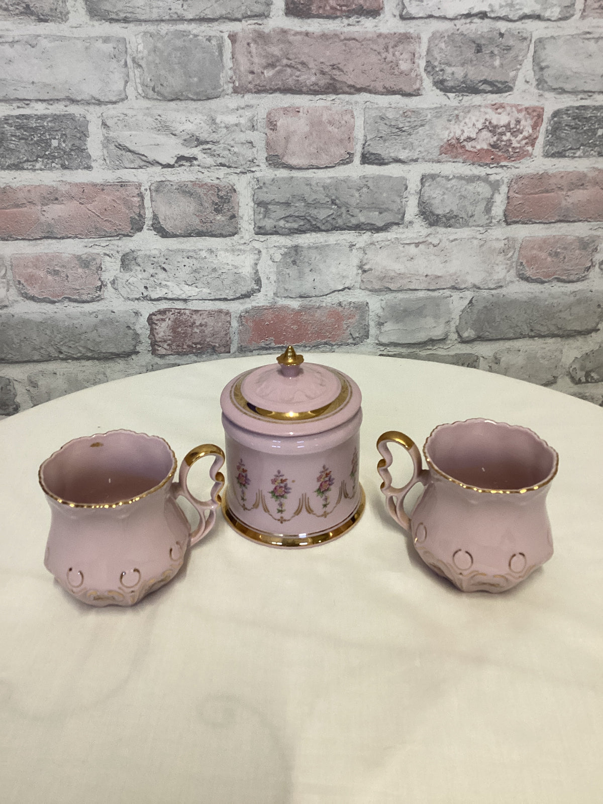 Pink Hand Painted Porcelain tea cups and sugar bowl set