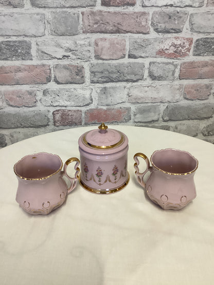 Pink Hand Painted Porcelain tea cups and sugar bowl set