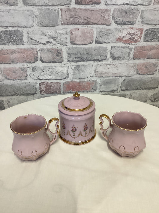 Pink Hand Painted Porcelain tea cups and sugar bowl set