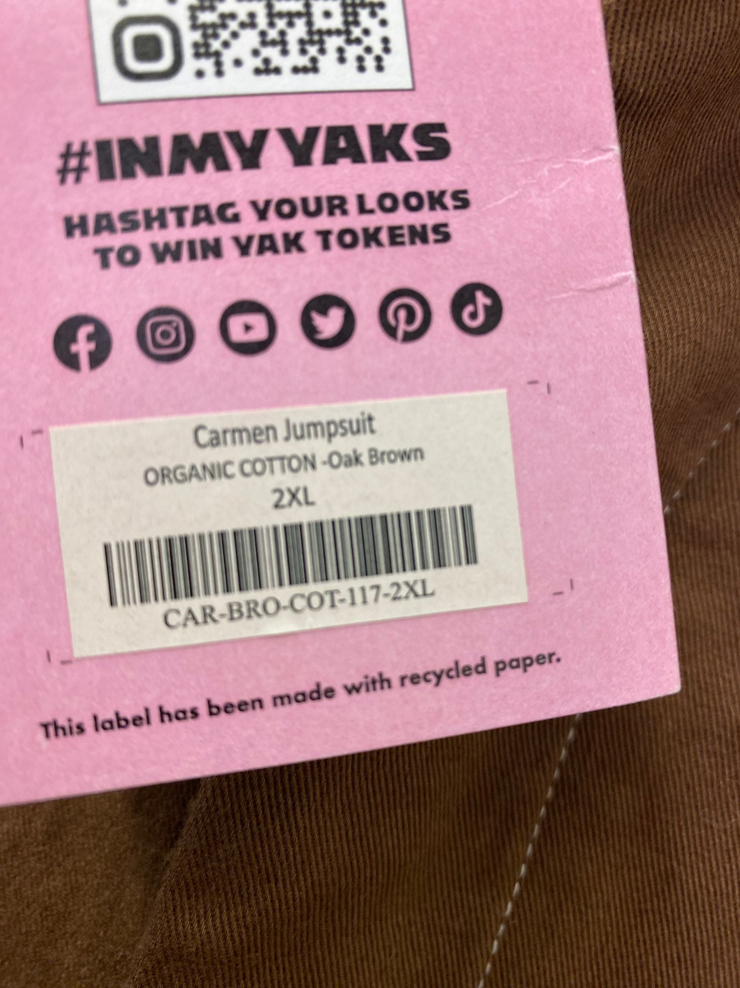 BNWT Lucy and Yak Carmen Jumpsuit Organic Cotton Oak Brown 2XL