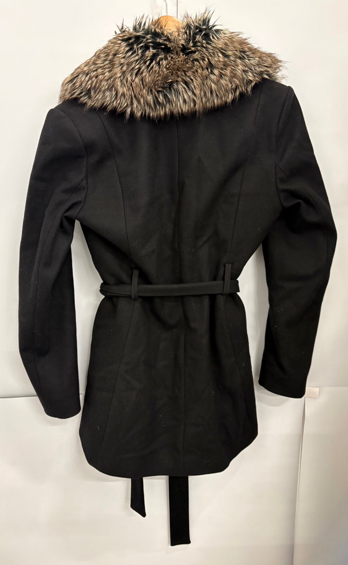 French Connection Black Faux Fur Collar Womens Midi Coat Size 10
