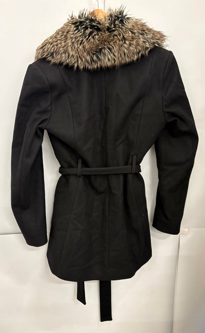 French Connection Black Faux Fur Collar Womens Midi Coat Size 10