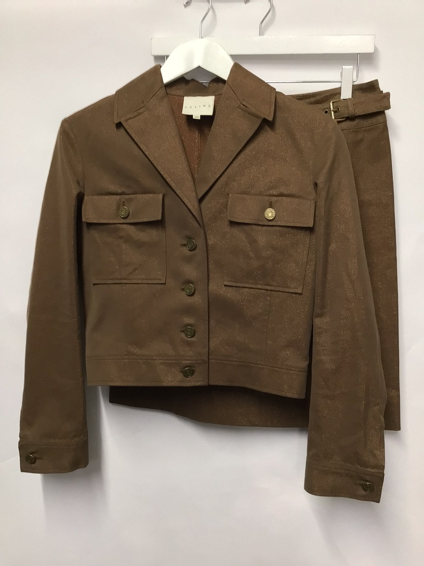 Celine Brown Glitter Military Style Jacket and Skirt Set 38/40 Circa 2001