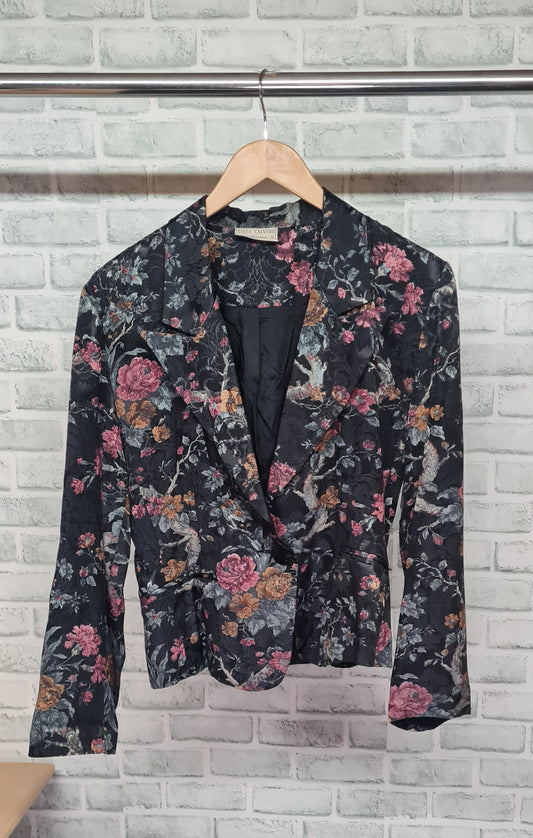 Vintage Luisa Calvino Slimline Floral Black Blazer Size 12