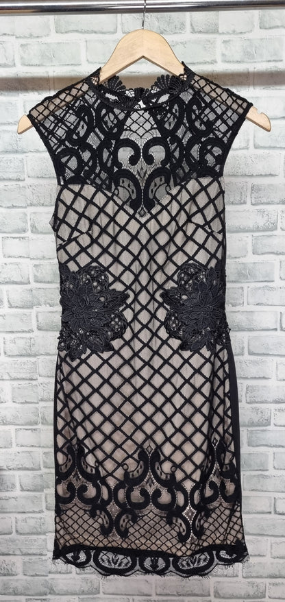 Lipsy London Black Nude Illusion Grid Lace Bodycon Dress Size 10 BNWT