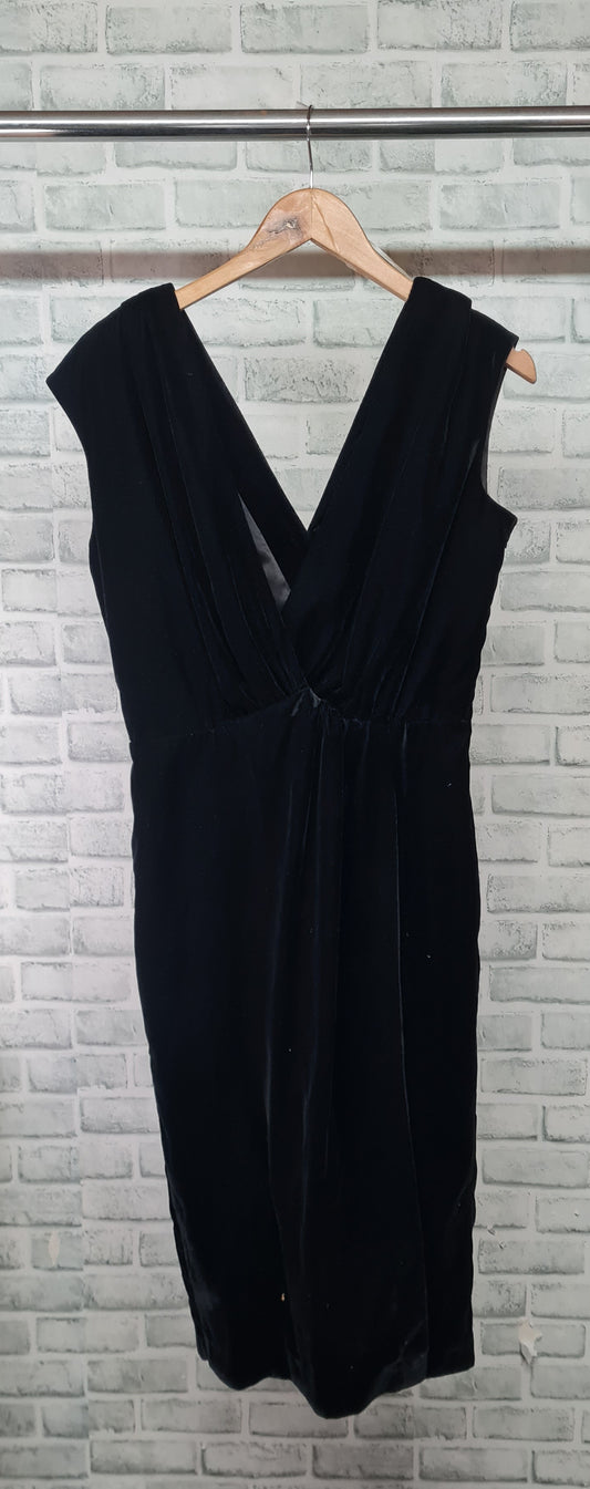 Sisley Black Velvet V-Neck Midi Dress Size Medium