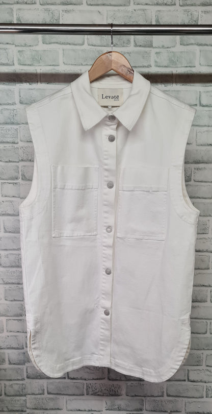 Levete Room White Denim Sleeveless Elongated Shirt Size Medium