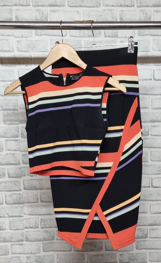 Ted Baker Black and Orange Striped Bodycon Fine Knit Stretchy Co-Ord Set Size 8