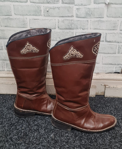 Mongolian Hand Made Tall Brown Boots Size 10