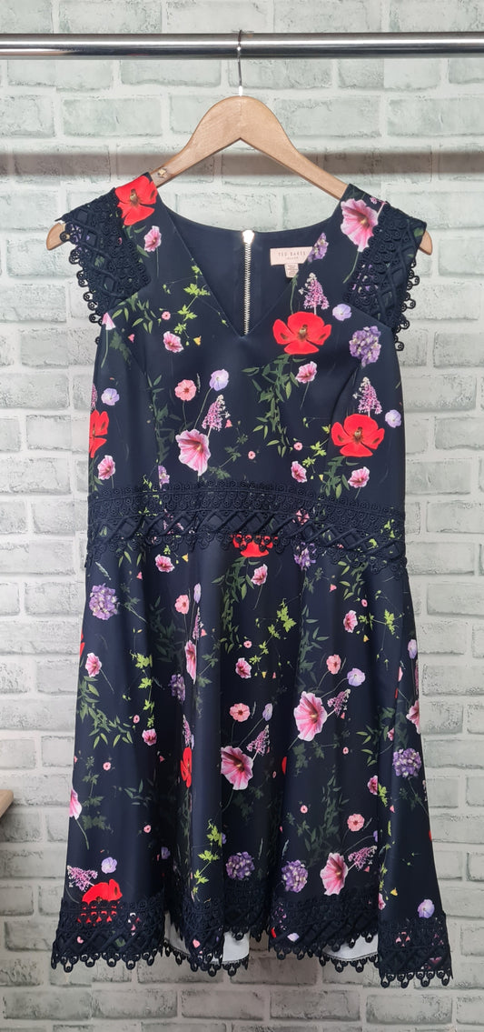 Ted Baker Sleeveless Lace Detail Floral A-Line Dress Size 5