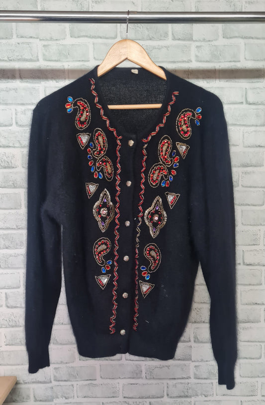 Vintage Beaded Black Mohair Cardigan Size Large