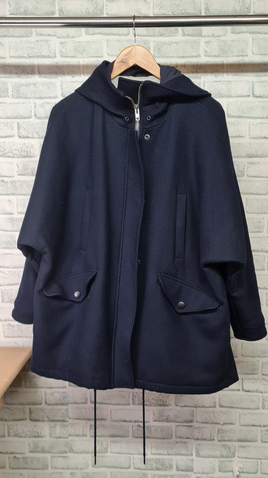 Wrap London Navy Wool Bat Sleeve Coat with Hood Size 18