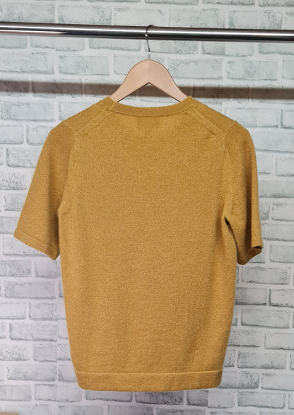 Pure Collection Gold Metallic Thread Short Sleeve Cashmere Top Size 14