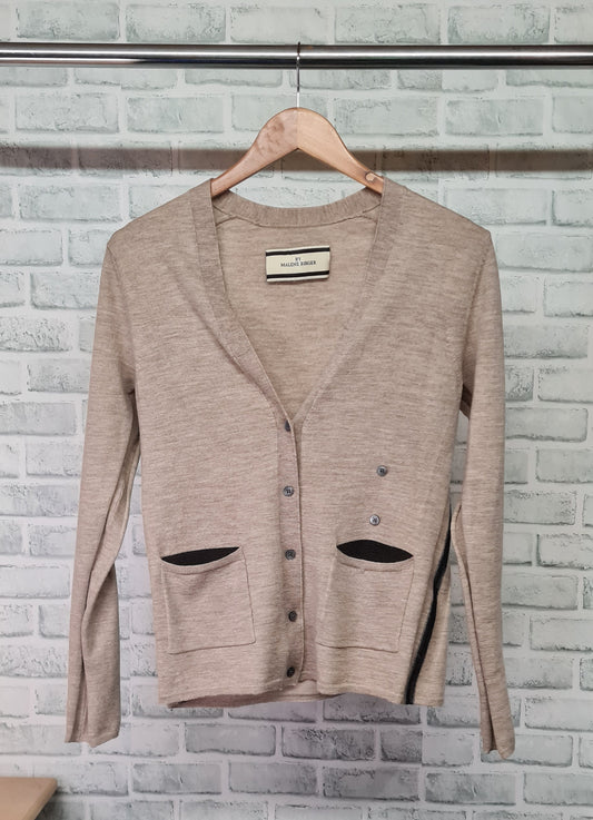 By Malene Birger Beige Wool Button-Up Cardigan with Black Mesh Inserts Size Medium