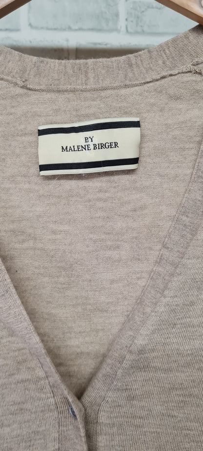 By Malene Birger Beige Wool Button-Up Cardigan with Black Mesh Inserts Size Medium