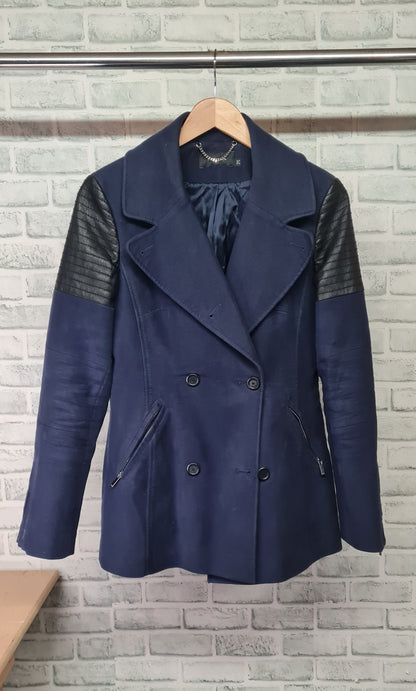 Karen Millen Blue Double Breasted Leather Detail Jacket Size 12