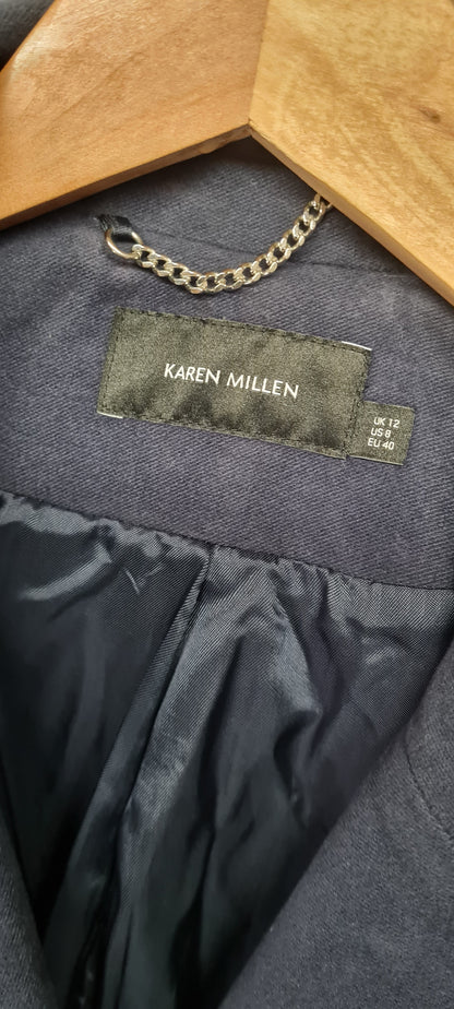 Karen Millen Blue Double Breasted Leather Detail Jacket Size 12