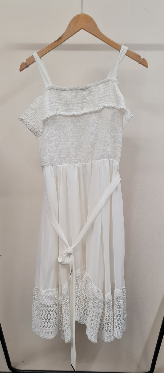 Coast White Cold Shoulder Smocked Top Eyelet Lace Trim Dress Size 10