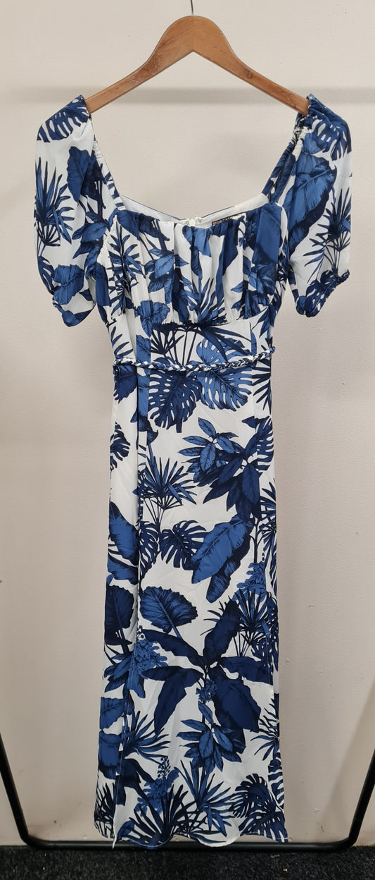 Vintage Biba Blue Palm Off the Shoulder Empire Waist Dress Size 10