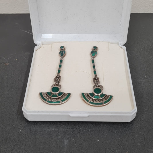 Art Deco Silver Green Dangle Earrings