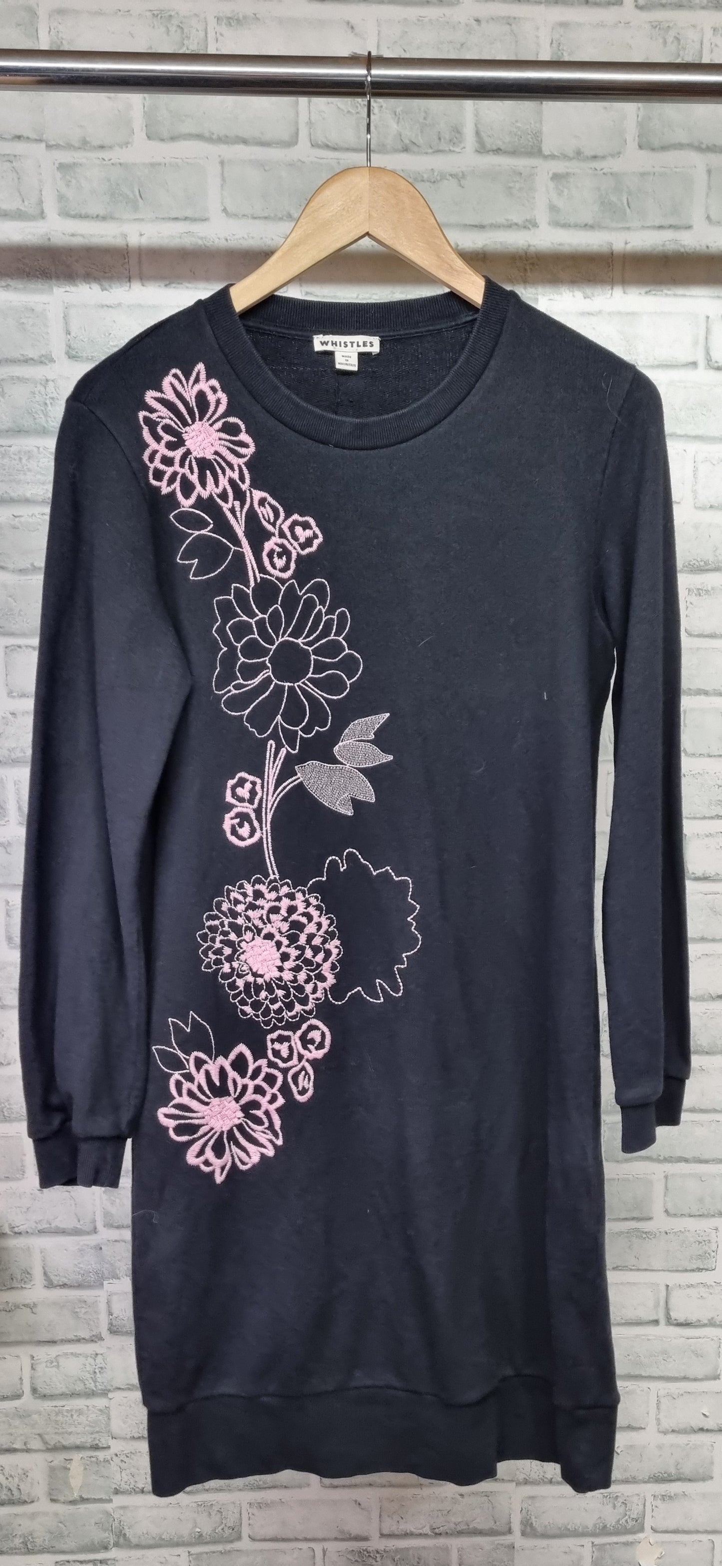 Whistles Black Cotton Sweatshirt Pink Flower Embroidery Dress Size Small