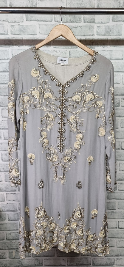 SAIQA MAJEED Grey Embroidered Dress Size Large