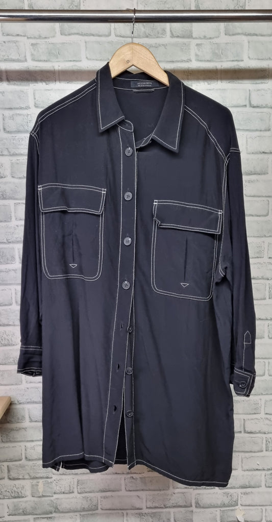 AllSaints Black Oversized Shirt with White Stitching Detail Size 16