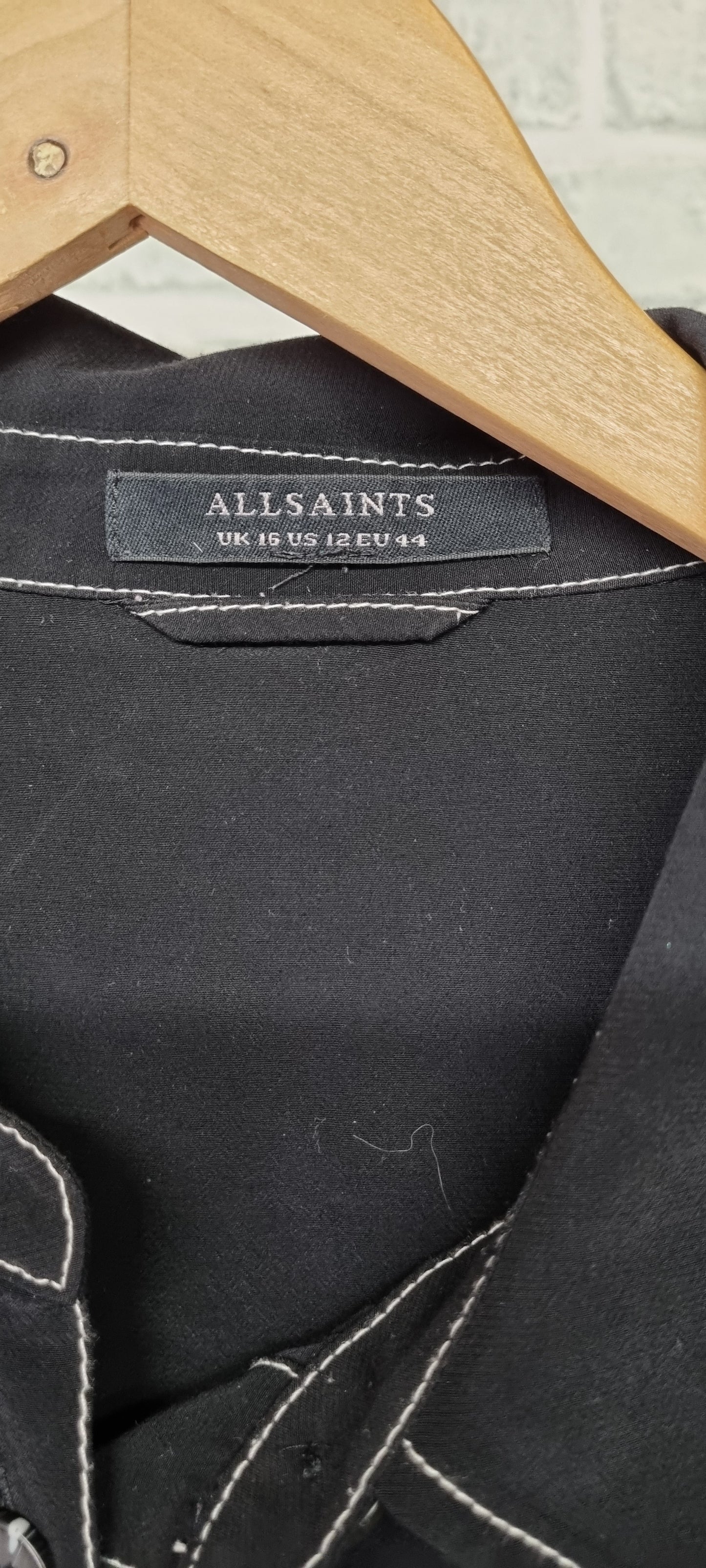 AllSaints Black Oversized Shirt with White Stitching Detail Size 16