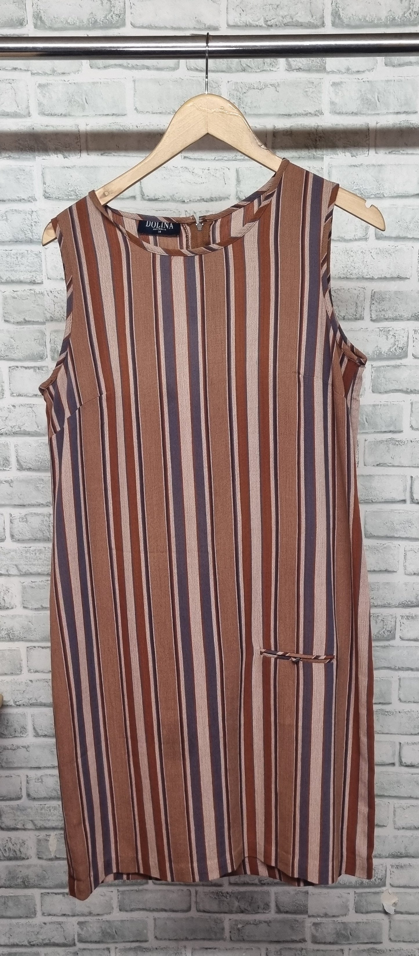 Vintage Dolina Australia Brown Striped Midi Shift Dress Size 14