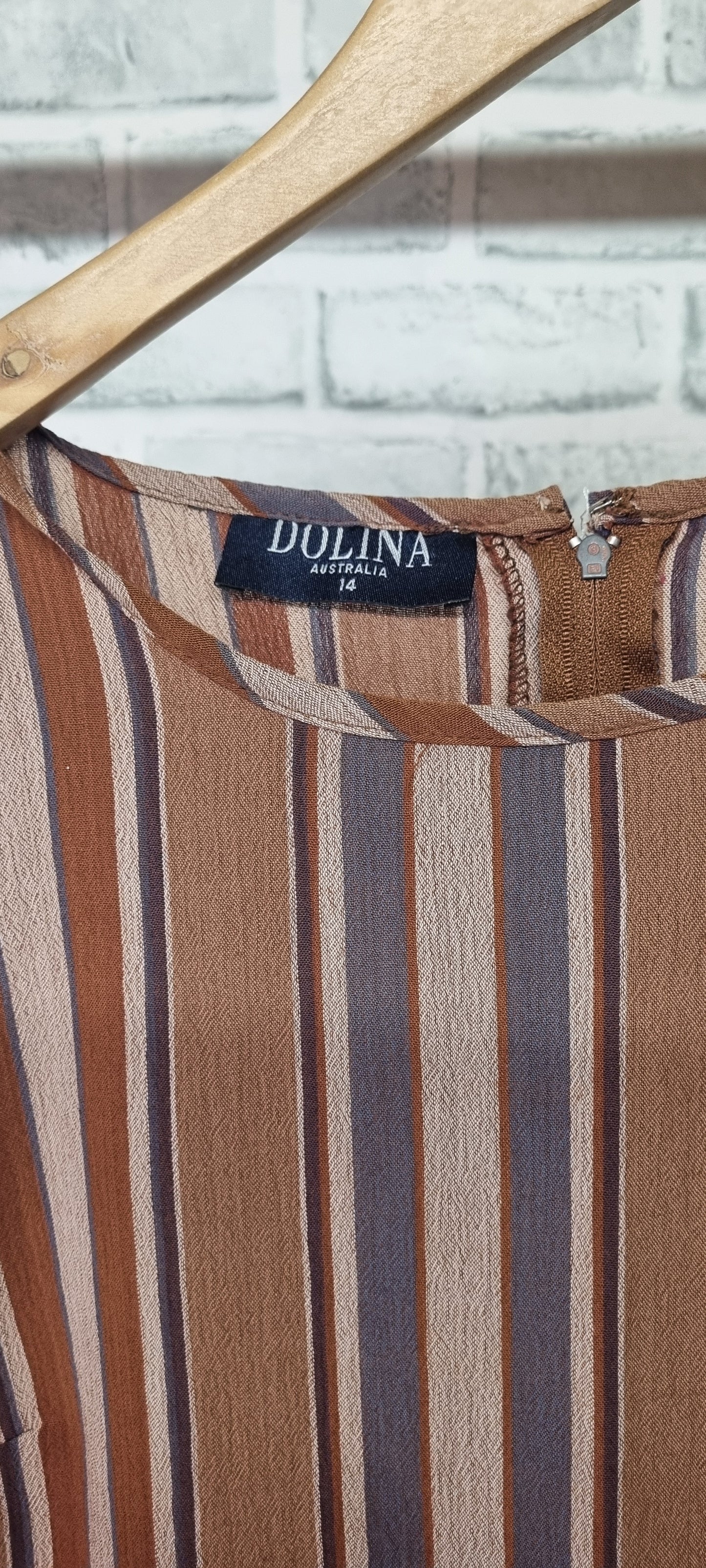 Vintage Dolina Australia Brown Striped Midi Shift Dress Size 14