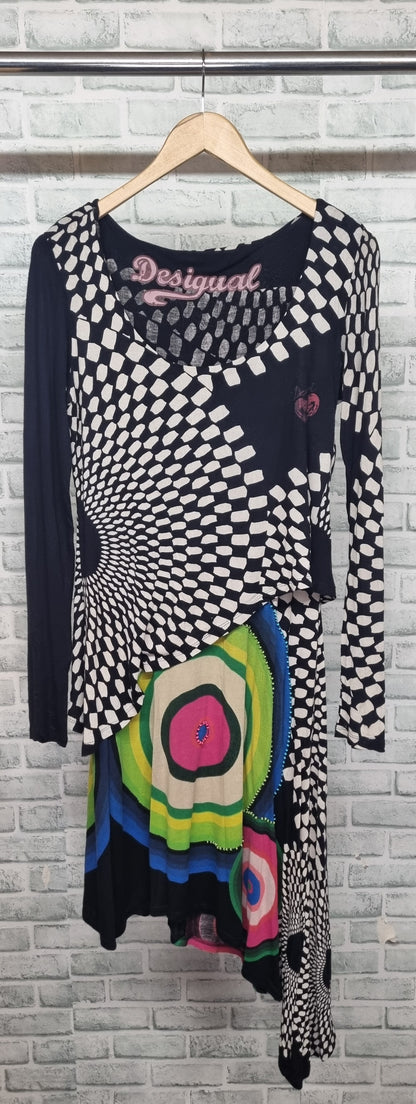 Desigual Long Sleeve Round Neck Asymmetrical Midi Dress Size Medium