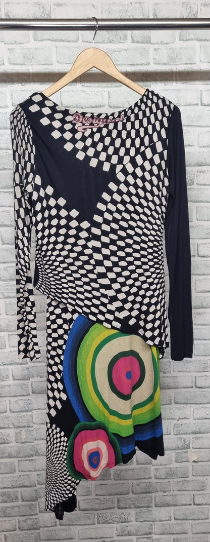 Desigual Long Sleeve Round Neck Asymmetrical Midi Dress Size Medium