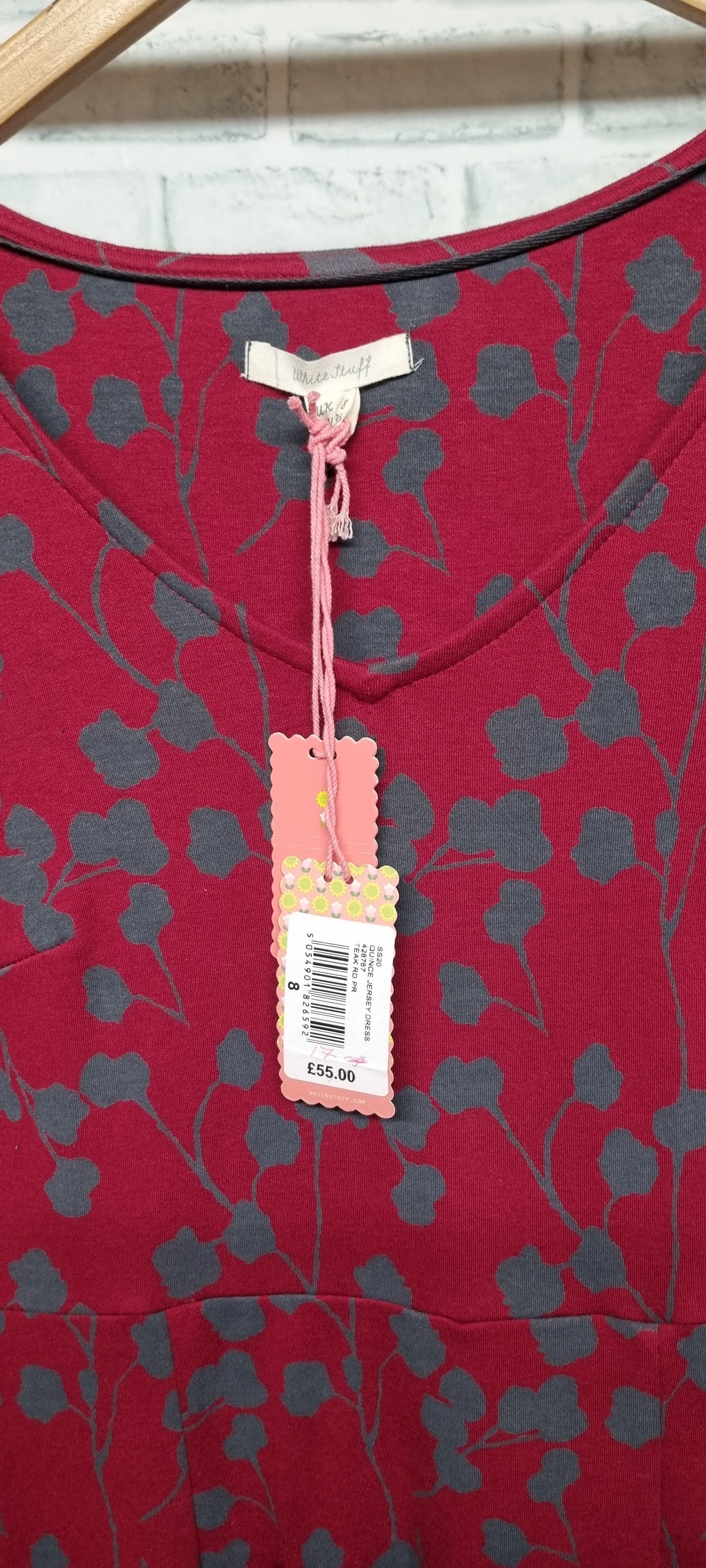 White Stuff Red and Grey Floral Print Quince Jersey V-Neck Midi A-Line Dress with 3/4 Sleeves Size 8 BNWT