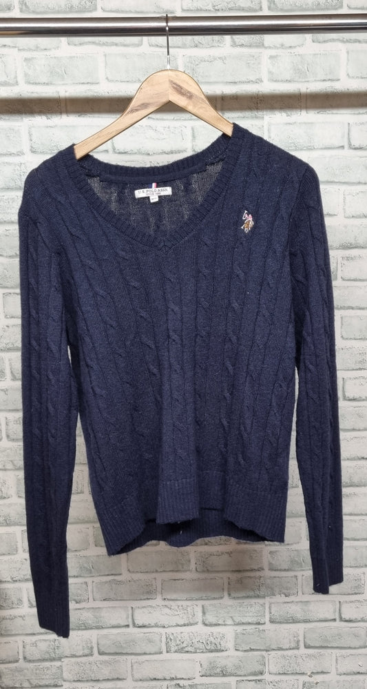 U.S. POLO ASSN Navy Cable Knit V-neck Wool Blend Jumper Size M/12