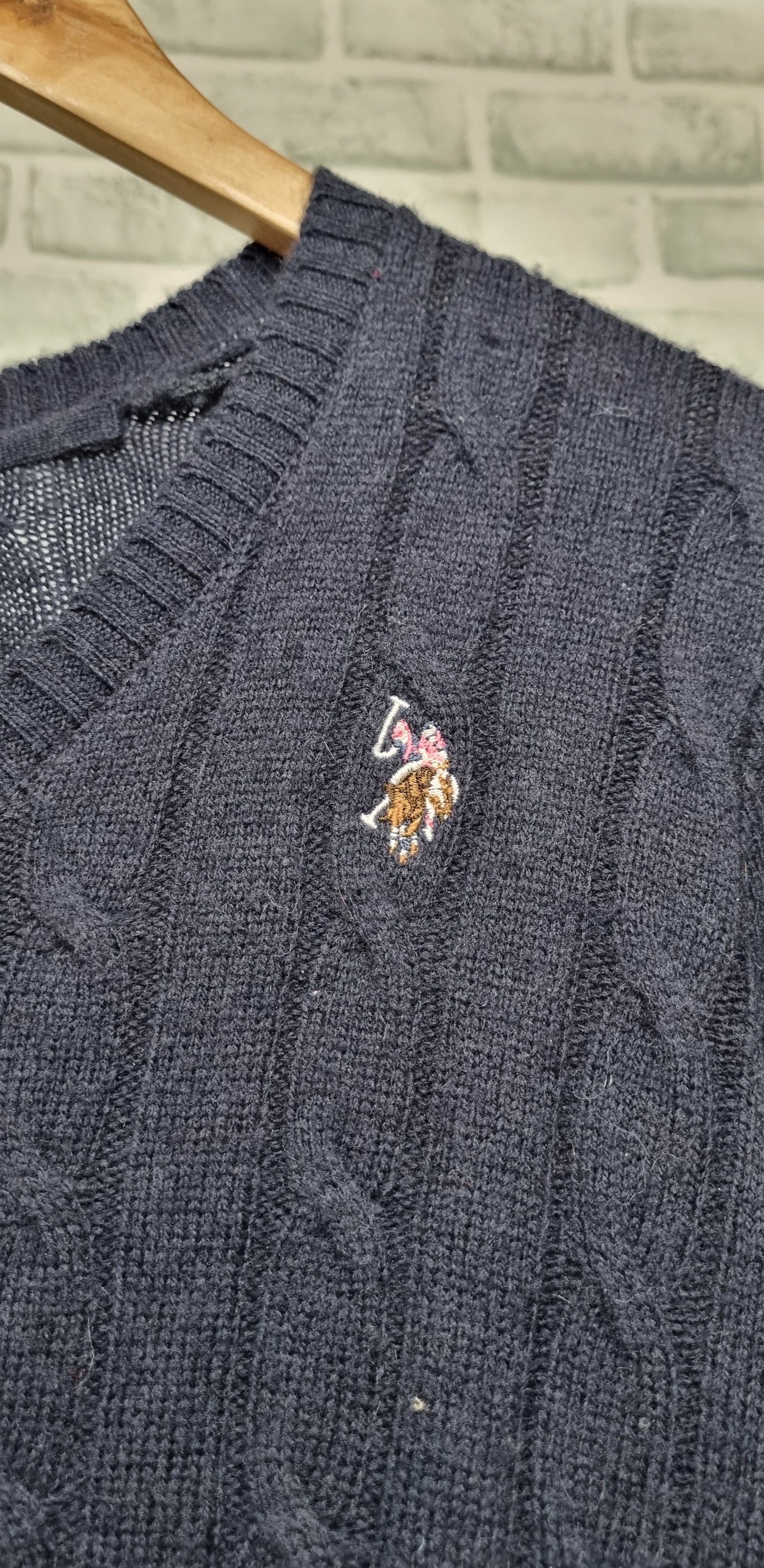 U.S. POLO ASSN Navy Cable Knit V-neck Wool Blend Jumper Size M/12