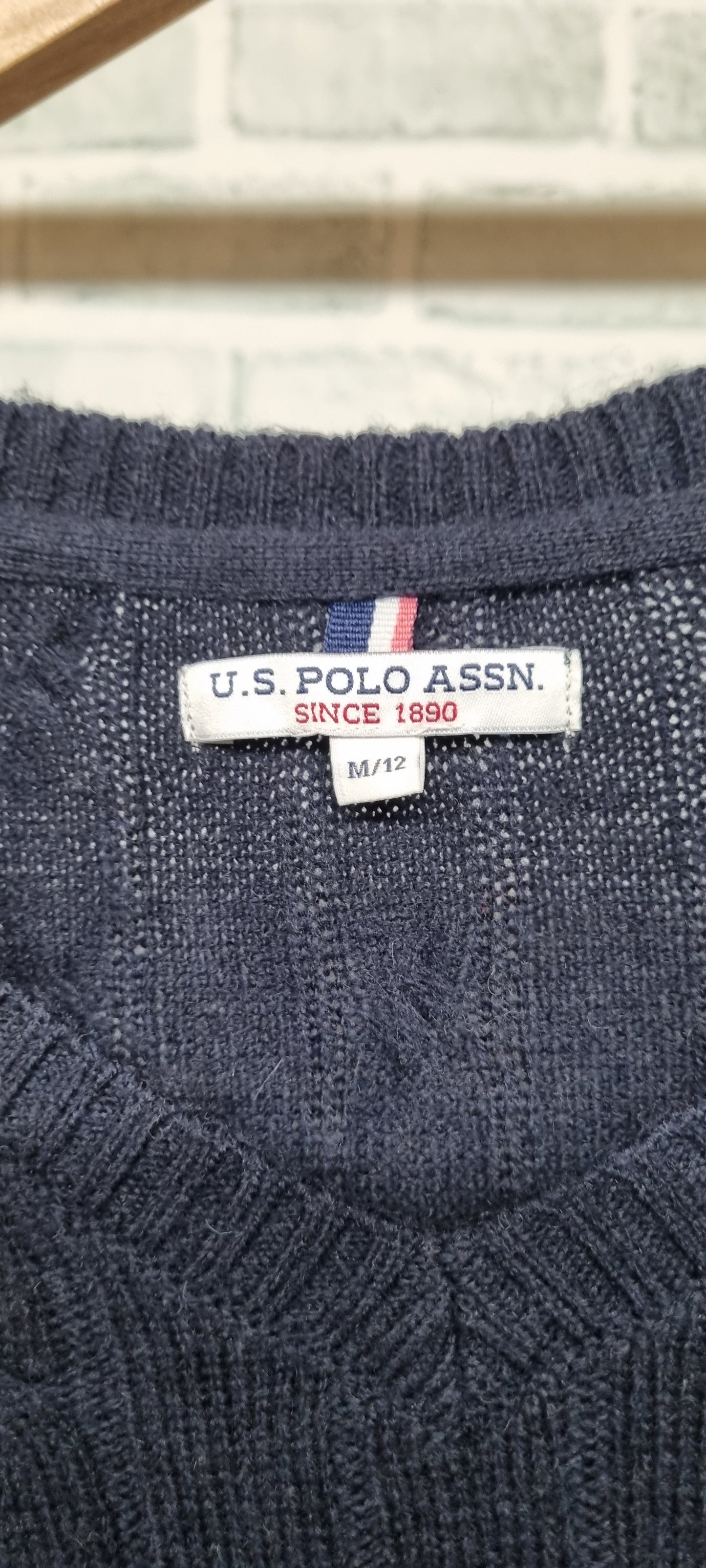 U.S. POLO ASSN Navy Cable Knit V-neck Wool Blend Jumper Size M/12
