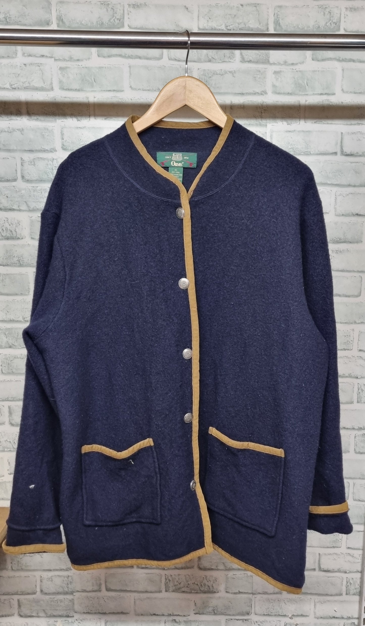 Orvis Navy Wool Cardigan with Mustard Trim Size XL