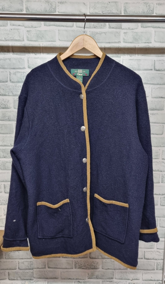 Orvis Navy Wool Cardigan with Mustard Trim Size XL