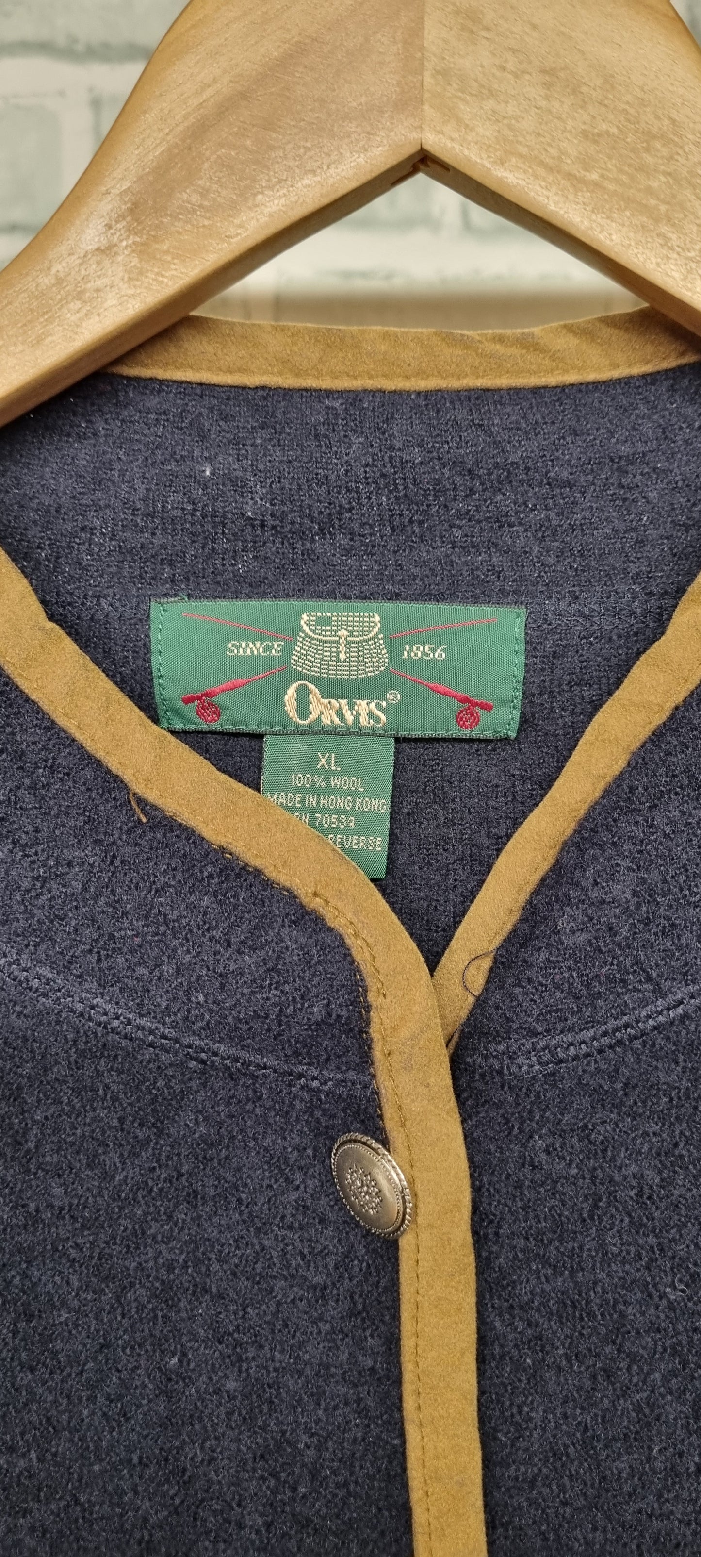 Orvis Navy Wool Cardigan with Mustard Trim Size XL