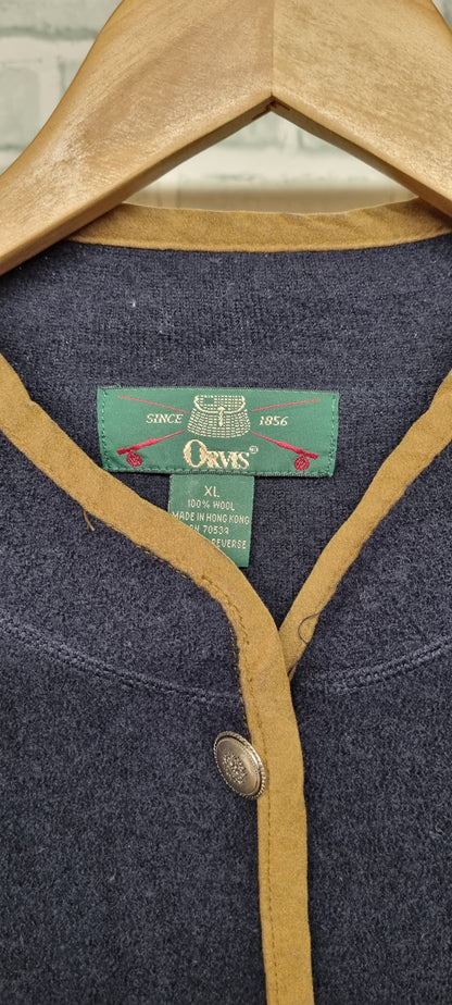 Orvis Navy Wool Cardigan with Mustard Trim Size XL
