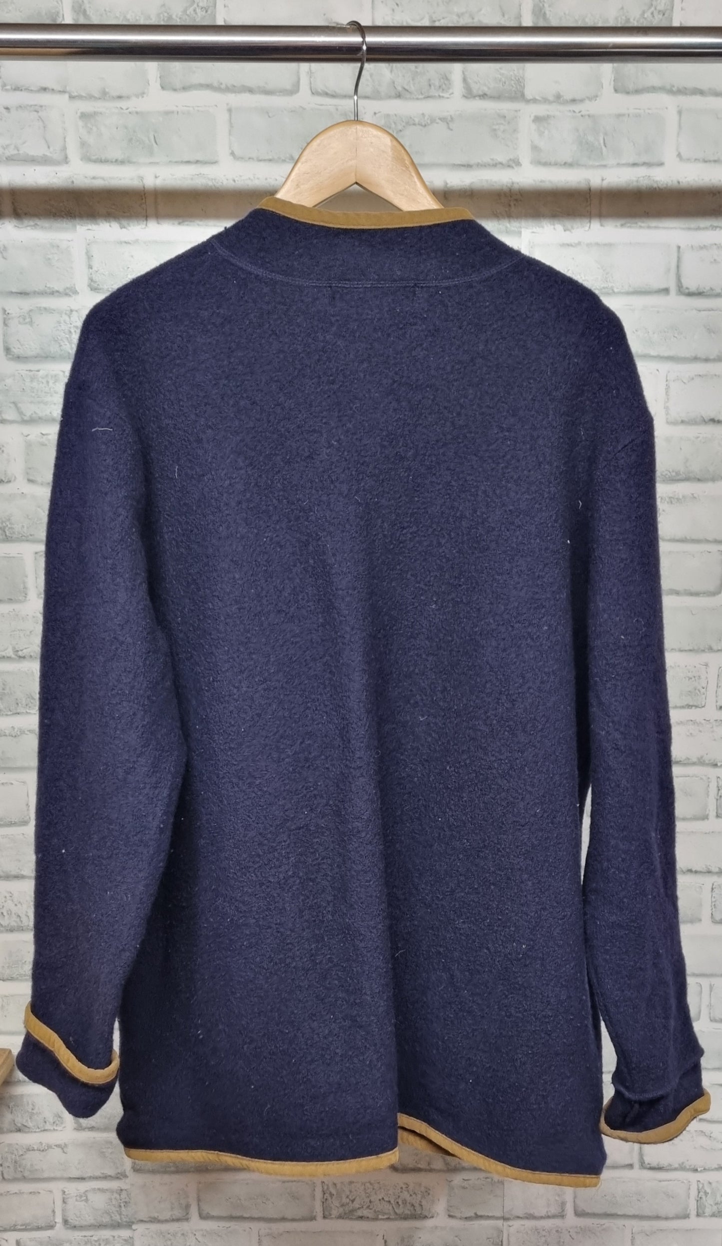 Orvis Navy Wool Cardigan with Mustard Trim Size XL