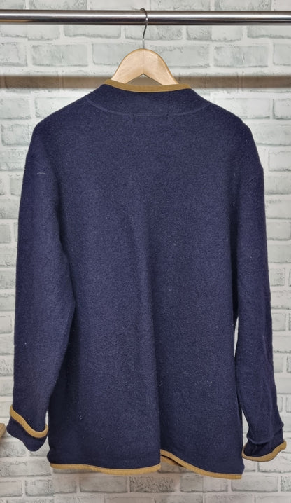 Orvis Navy Wool Cardigan with Mustard Trim Size XL